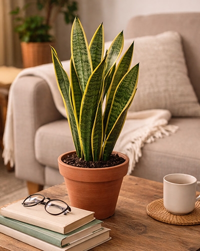 Dracaena trifasciata en pot sur une table de salon, aux feuilles graphiques vertes bordées de jaune.